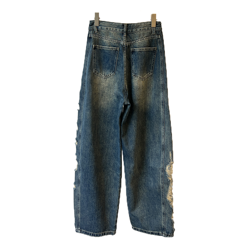 Women's Jeans Women's High-Waisted Floor-Length Denim Jeans-Waisted Slimming Ripped Washed Loose Straight-Leg Jeans Trousers CK006