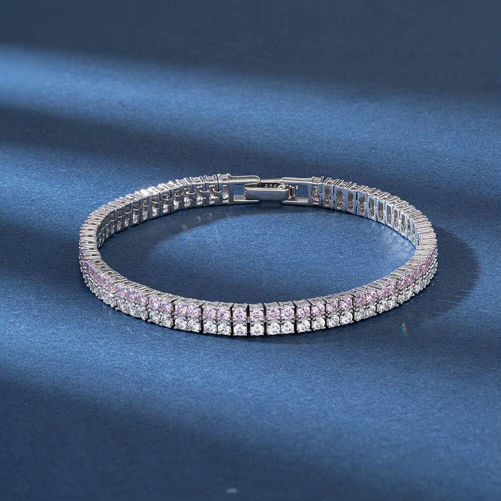 SB158 RINNTIN Rock 925 Silver Fine Jewelry 2 Rows 20mm Prong Setting Round Cut PinkWhite CZ Tennis Bracelet for Women
