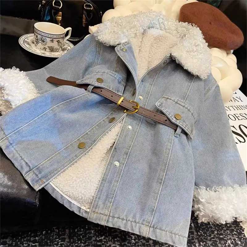 Girls Velvet Warm Denim Jacket 2025 New Korean Children Medium Long Thick Autumn and Winter Coat Trend L250926EFKI