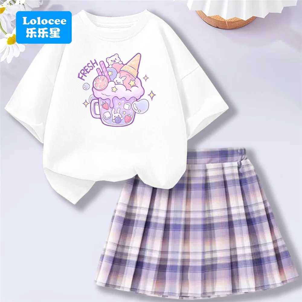 Lolocee Summer Girls 2 Piece SetShort Sleeve Fresh Drink Bunny Print Top Pink Plaid Skirt OutfitTrendy Childrens Fashion L2509262KBT