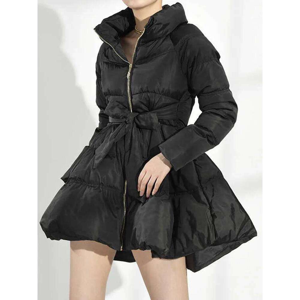Black Bandage Bow Cotton-Padded Coat Long Sleeve Loose Fit Women Parkas Fashion Tide New Autumn Winter 2025 1Dh5282