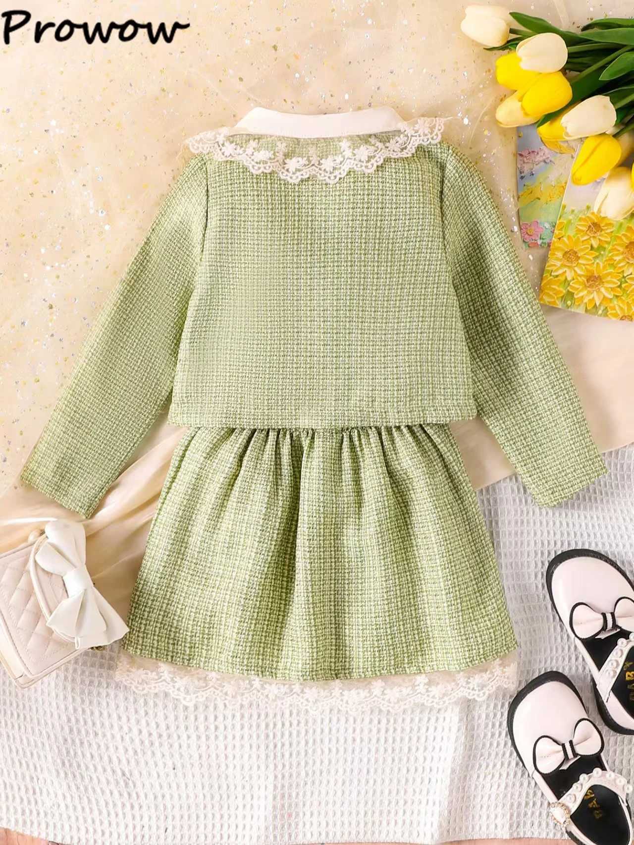 Prowow Children Winter Clothing Tweed Suit For Girls Lace Collar Green Coat and Bows Skirt 2pcs Girls Fashion Tweed Outfit Sets L25092699RU