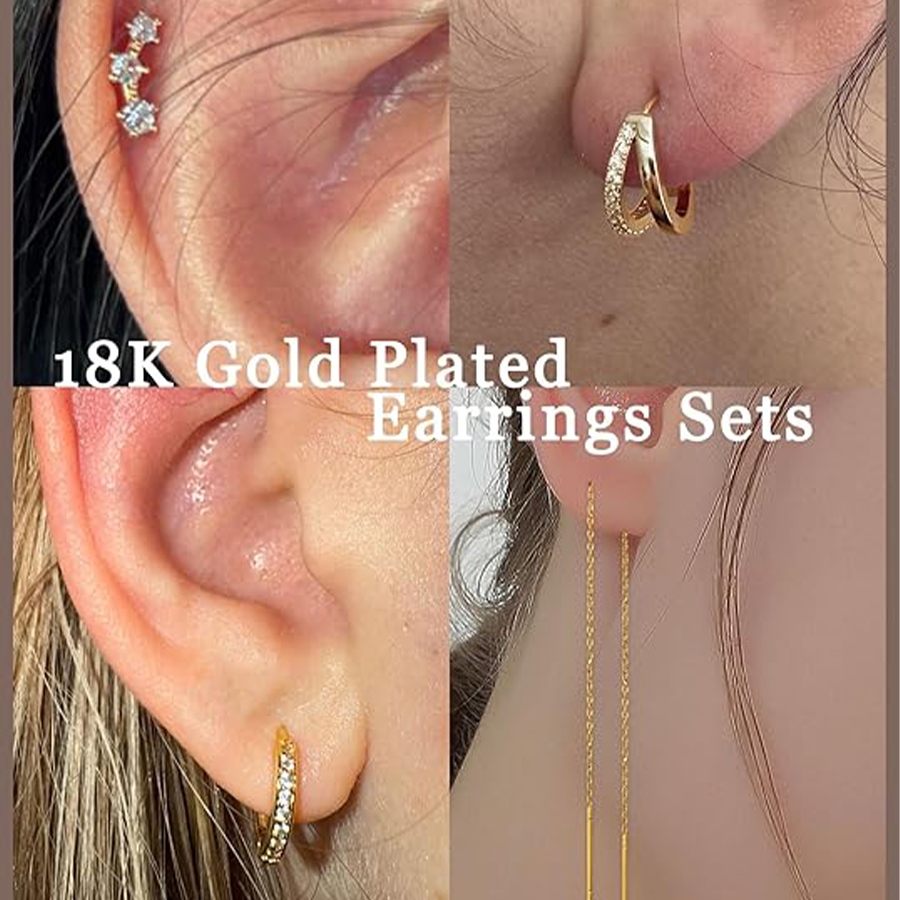 8 Pairs 18K Gold Plated Small Hoop Earring CZ Cartilage Stud Earring for Women Long Chain Drop Dangle Stack Earrings for Multiple Piercings Gold Tone