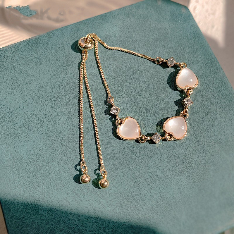 Gold - Toned Heart - Shaped Cat's Eye Stone Bracelet With Crystal Accents And Adjustable Tassel Chain Delicate Daily & Romantic Jewelry Gift For 