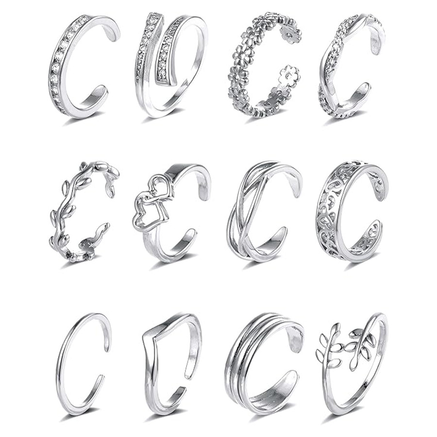 12PCS 18K Gold Plated Toe Rings CZ Daisy Flower Leaf Heart Knot Band Open Tail Ring Beach Foot Jewelry Sets For Women Men Silver Tone