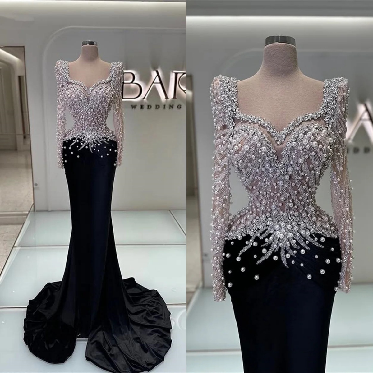 Elegant Pearls Evening Dresses Crystal Prom Gowns Beading Velvet Sequins Long Sleeves Princess Customized Vestidos De Noche Plus Size