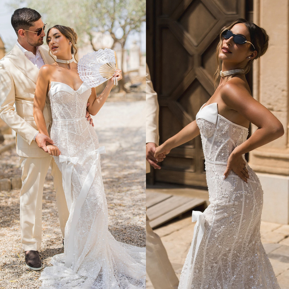 Designer Mermaid Wedding Dress Sweetheart Neck Sleeveless Bridal Gowns Sequins Bow Sweep Train Dresses Custom Made vestidos de novia