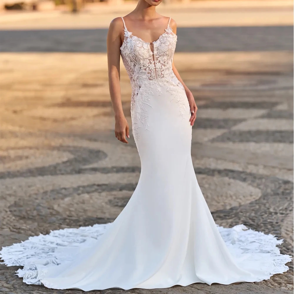 Sexy Mermaid Wedding Dress 2026 Spaghetti Strap V Neck Backless Applique Lace Satin Bridal Bride Gown Boho Beach Vestido de Novia