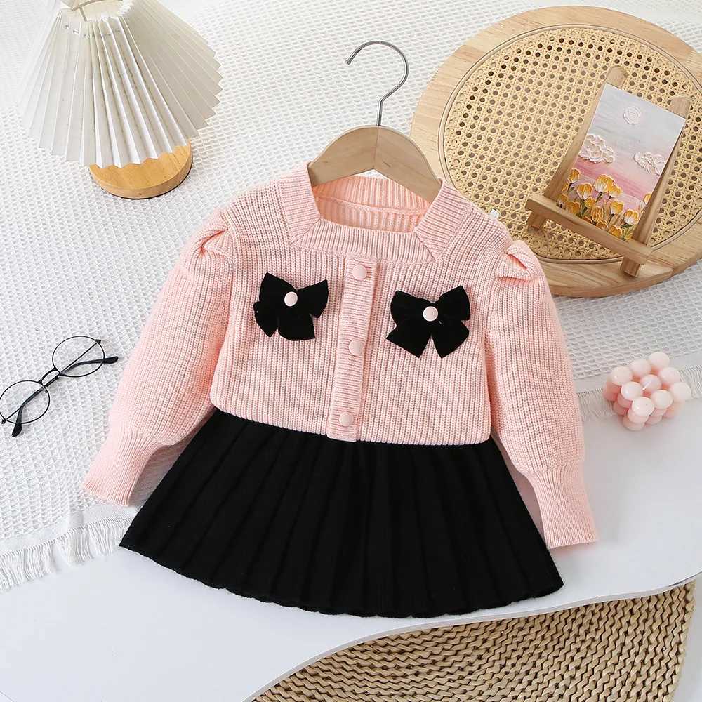 Childrens Sweater Skirt Square Neck Bow Knitted Twopiece Set Baby Girl Autumn and Winter New Korean Sweater Skirt L2509269WL3