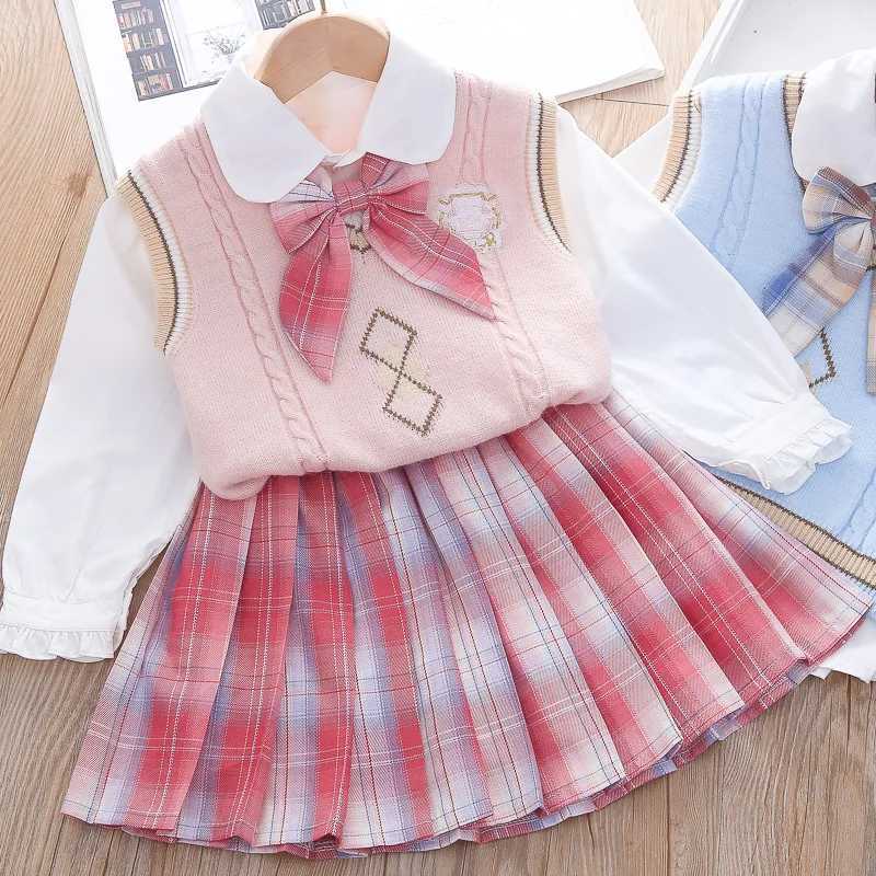 Girls JK College Style Suit Autumn Winter New Sweater Vest Doll Collar Shirt 3 Pieces Pleated Skirt Boutique Kids Clothing Set L250926QOUS