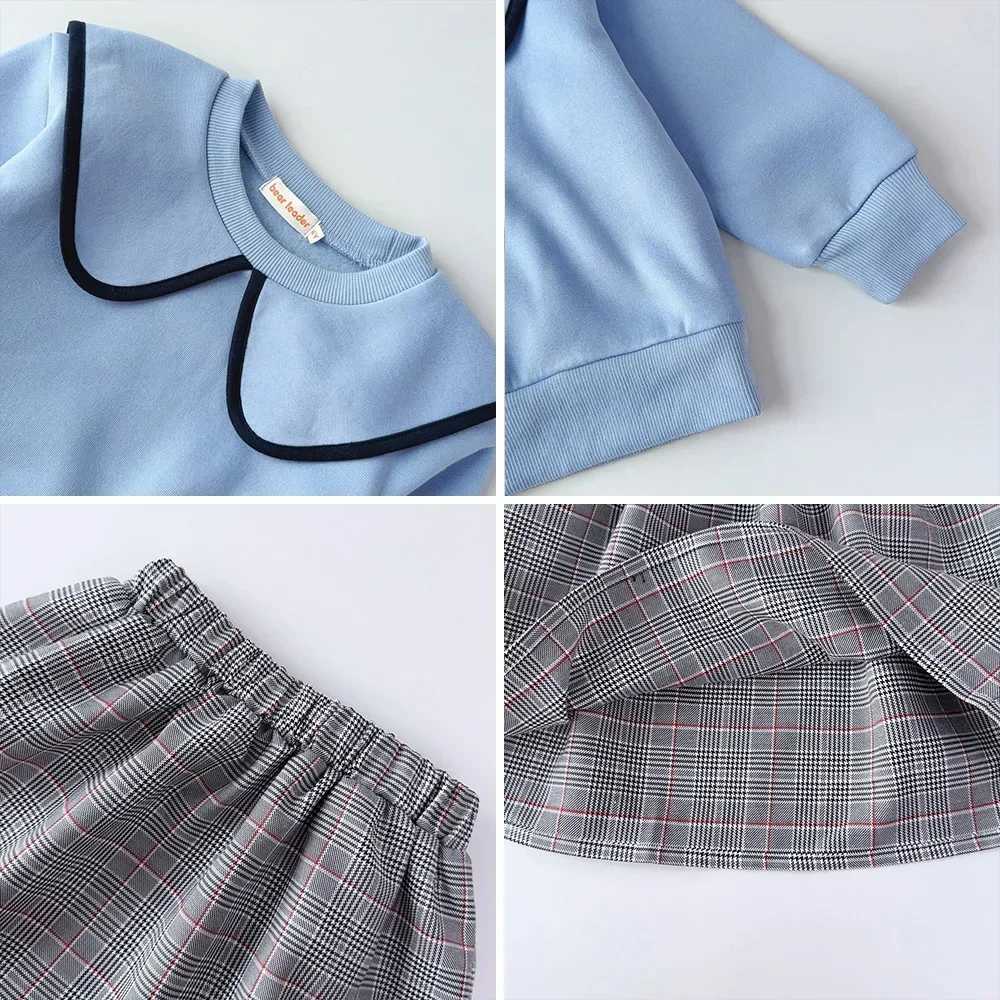 2024 Autumn New Fashion Girls Set Blue Big Collar Top Retro Checkered Short Skirt Two Piece Suit Autumn Childrens Clothing L250926352J
