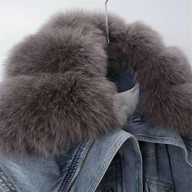 Big Fox Fur Collar Down Cotton Denim Women Vintage Cowboy Outerwear Winter Thick Loose Short Zipper Jeans Jacket Female