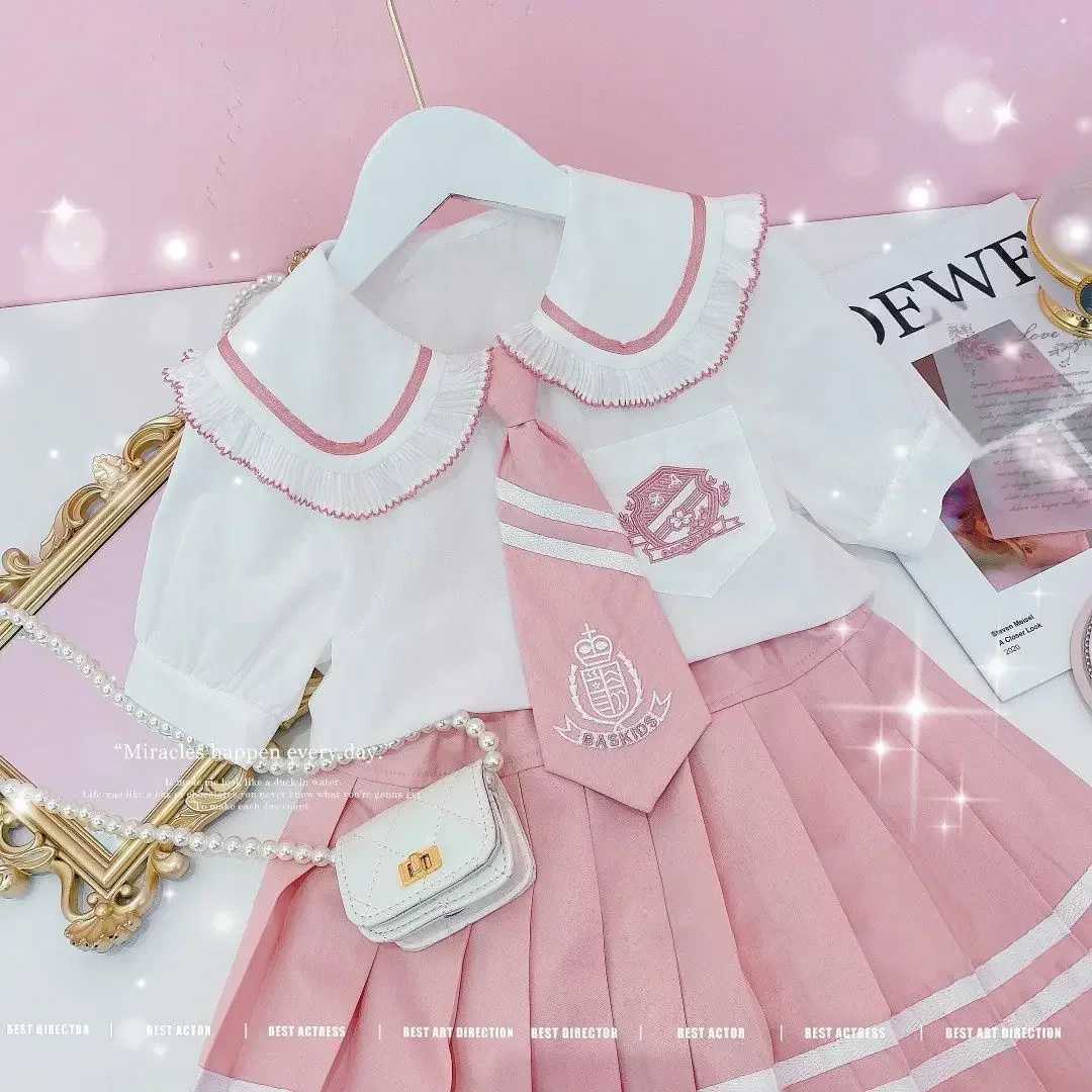 College Style Jk Uniform Suit Korean Junior Girls Summer Clothes ShortSleeved Shirt Pleated Skirt With Tie Kids 3Pcs Sets L2509264MF5