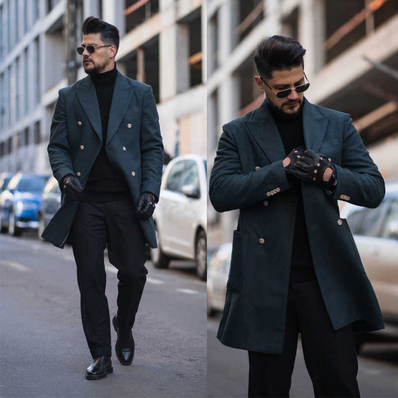 Winter Warm Men Coat Peaked Lapel Double Breasted Trench Coats Vintage Wool Blend Business Blazers Customized High Quality