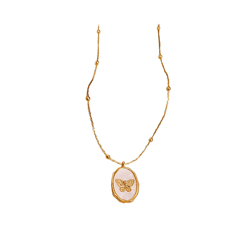 Gold - Toned Beaded Chain Necklace With Mother - Of - Pearl And Butterfly Pendant Delicate Daily & Elegant Jewelry Gift For Her High - Quality And Chi