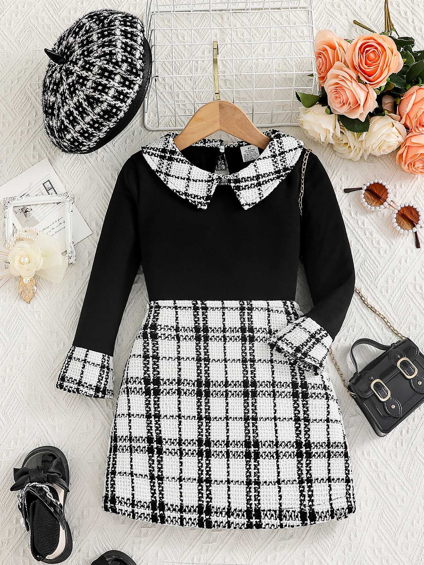 Spring and Autumn Hot Kids Set Girls Fashion Collar Plaid Long Sleeve Top Plaid Bag Hip Skirt 2piece Set L250926A0Q5