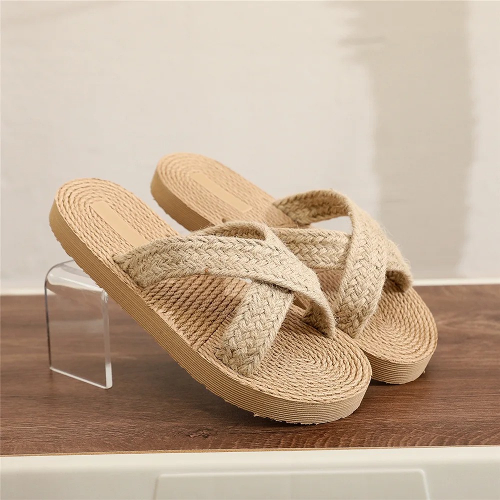 Flat Shoes Strap Ladies Slippers Outer Beach Sandals Slippers Women Women Summer Strappy Flip Flops - Imitation Straw Flat Shoes with Cross Over Desig