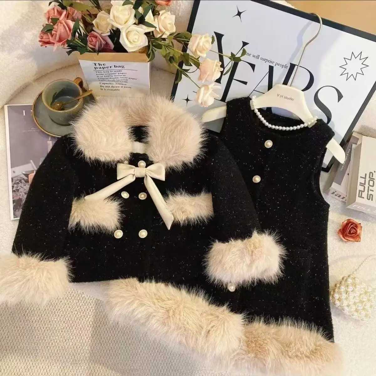 Girls Winter New Years Clothing Set Korean style Childrens Cotton Padded Thick Coat Vest Skirt Childrens New Year Clothes28T L250926317W