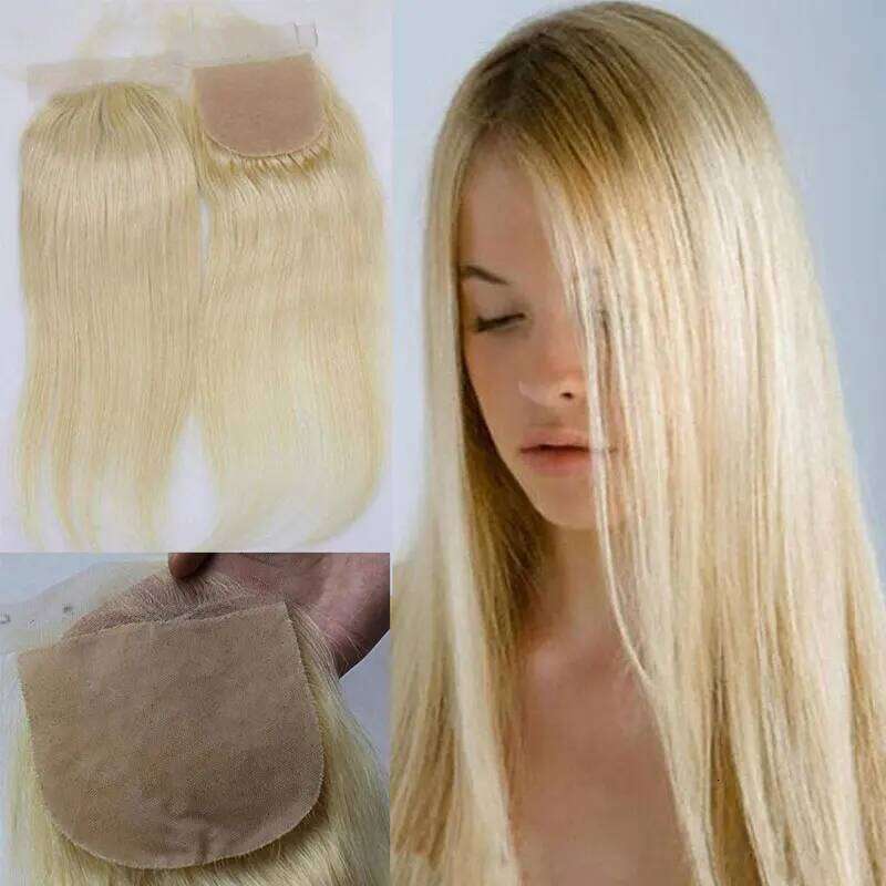 Brazilian Virgin Human Hair Lace For Women Silk Base Top Straight Natural Blonde, Free Part Closure 4x4 "#613 Color