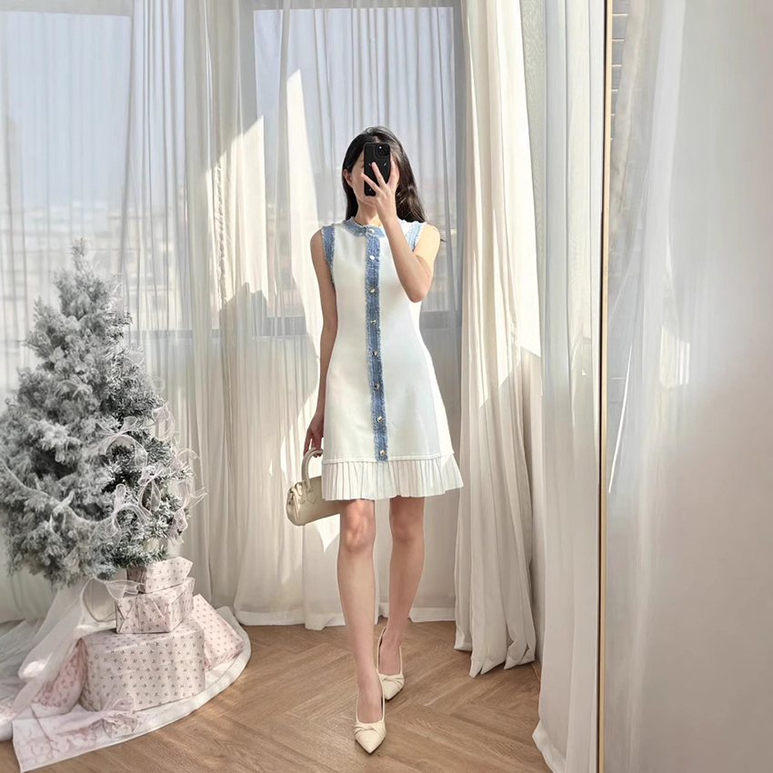 S 2025 Spring/Summer New Design Sense Denim Patchwork Pleated Skirt Hemline Elegant Fashion Sleeveless Swe Dress for Women