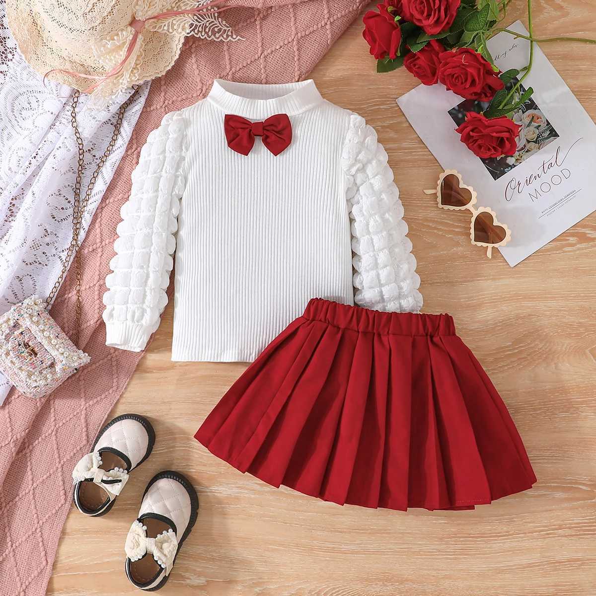 FOCUSNORM 3 Colors Fashion Kids Girls Fall Clothes Sets 38Y Long Puff Sleeve Bow Front Tops Pleated Skirt 2PCS L2509265WTL
