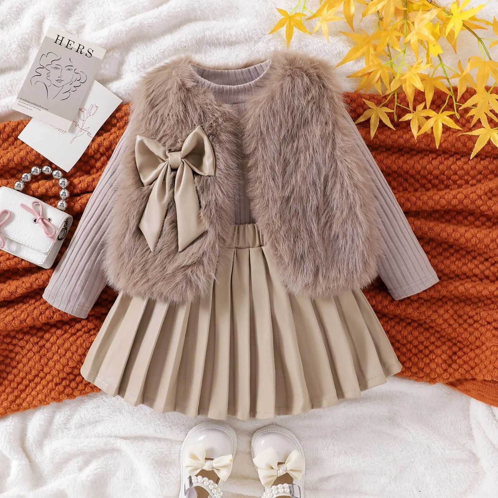 Childrens Clothing Sets Furry Vest Long Sleeve Tshirt Leather Skirt 3pcs Sets Baby Girl Outfit Set Toddler Girl Clothes L250926IMEC
