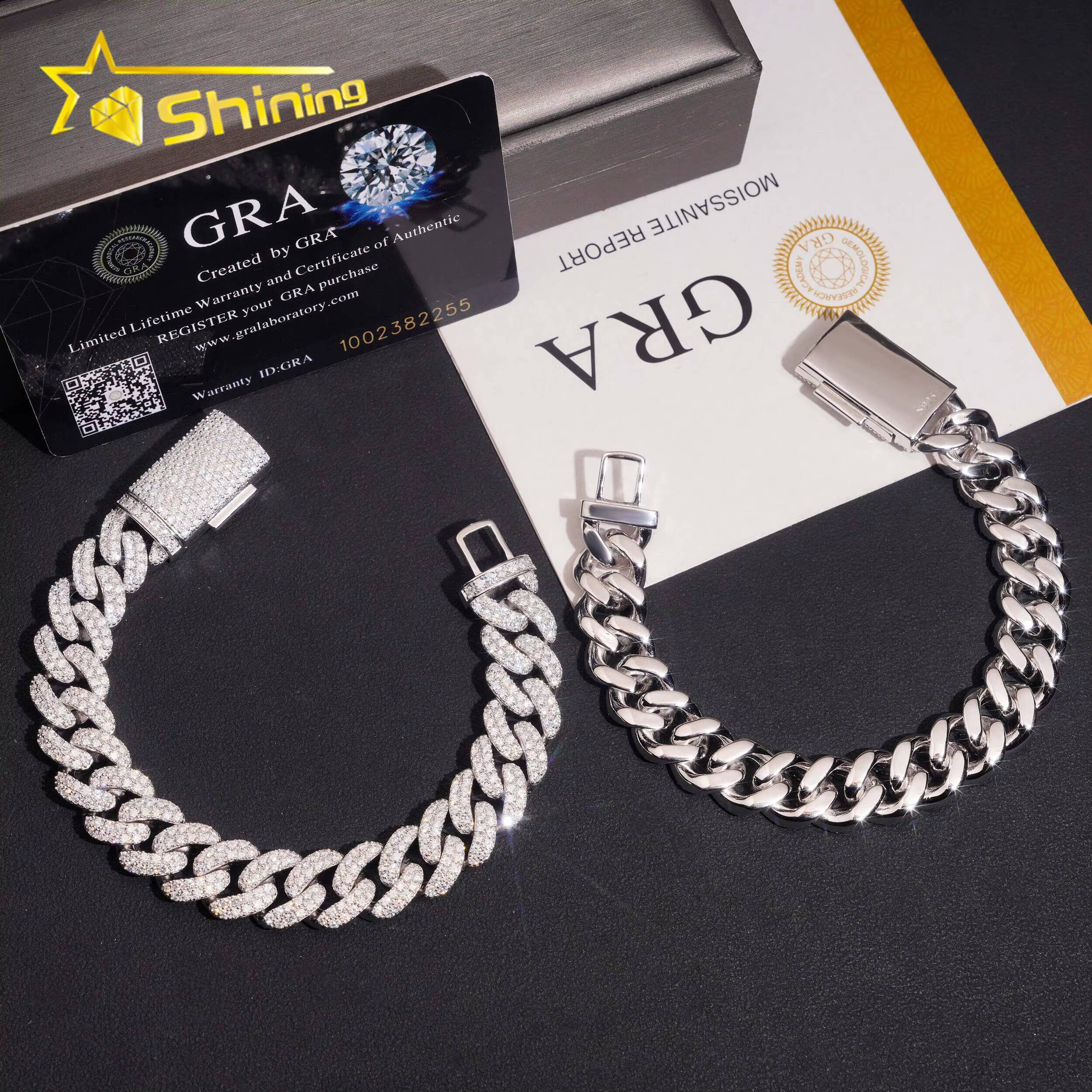 Hip Hop 12mm 2 Rows VVS Iced Out Moissanite Cuban Link Bracelet Custom High Quality 925 Silver Bracelet for Men Women