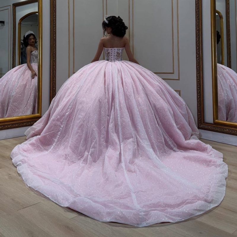 Light Pink Shiny Quinceanera Dresses Off The Shoulder Beading Crystal Corset Tull Party Birthday Sweet 16 Dress Vestidos 15 Anos