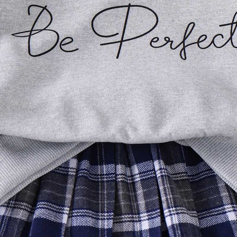 IYEAL Girls Clothing Set Casual Girls Letter Pattern Long Sleeved SweatshirtBlue Checkered Pleated Short Skirt TwoPiece Set L2509261S7U
