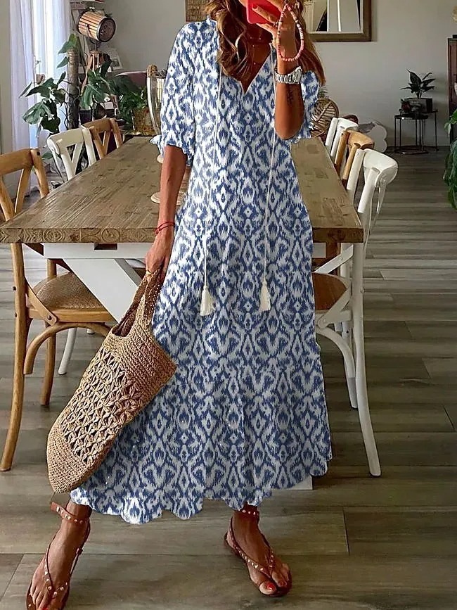 Casual, sweet, loose V-neck printed beard-style mid-length long dress for women with sleeves