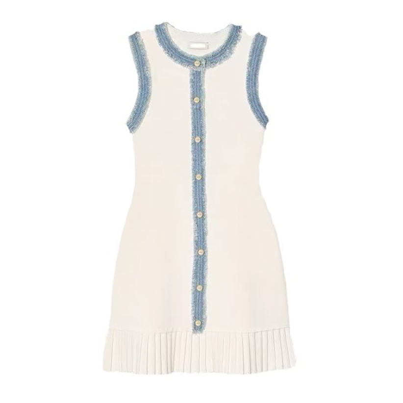 S 2025 Spring/Summer New Design Sense Denim Patchwork Pleated Skirt Hemline Elegant Fashion Sleeveless Swe Dress for Women