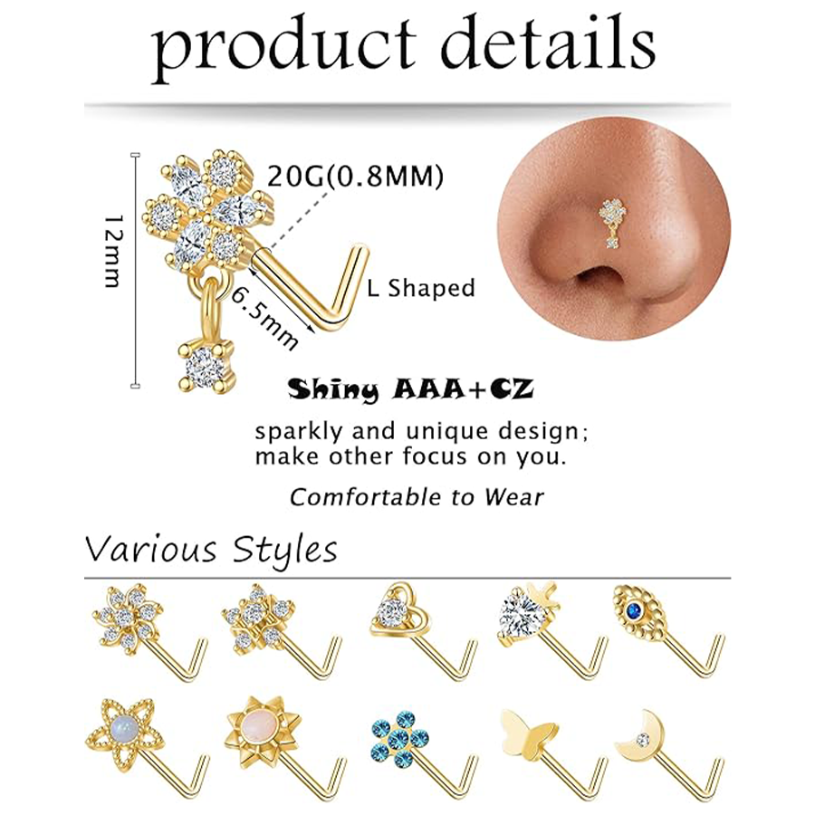 12Pcs Nose Rings Stud L Shape Cubic Zirconia Butterfly Flower Eye Moon Butterfly Heart Snake Shape Nose Studs Piercing Jewelry Gold Plated 20G