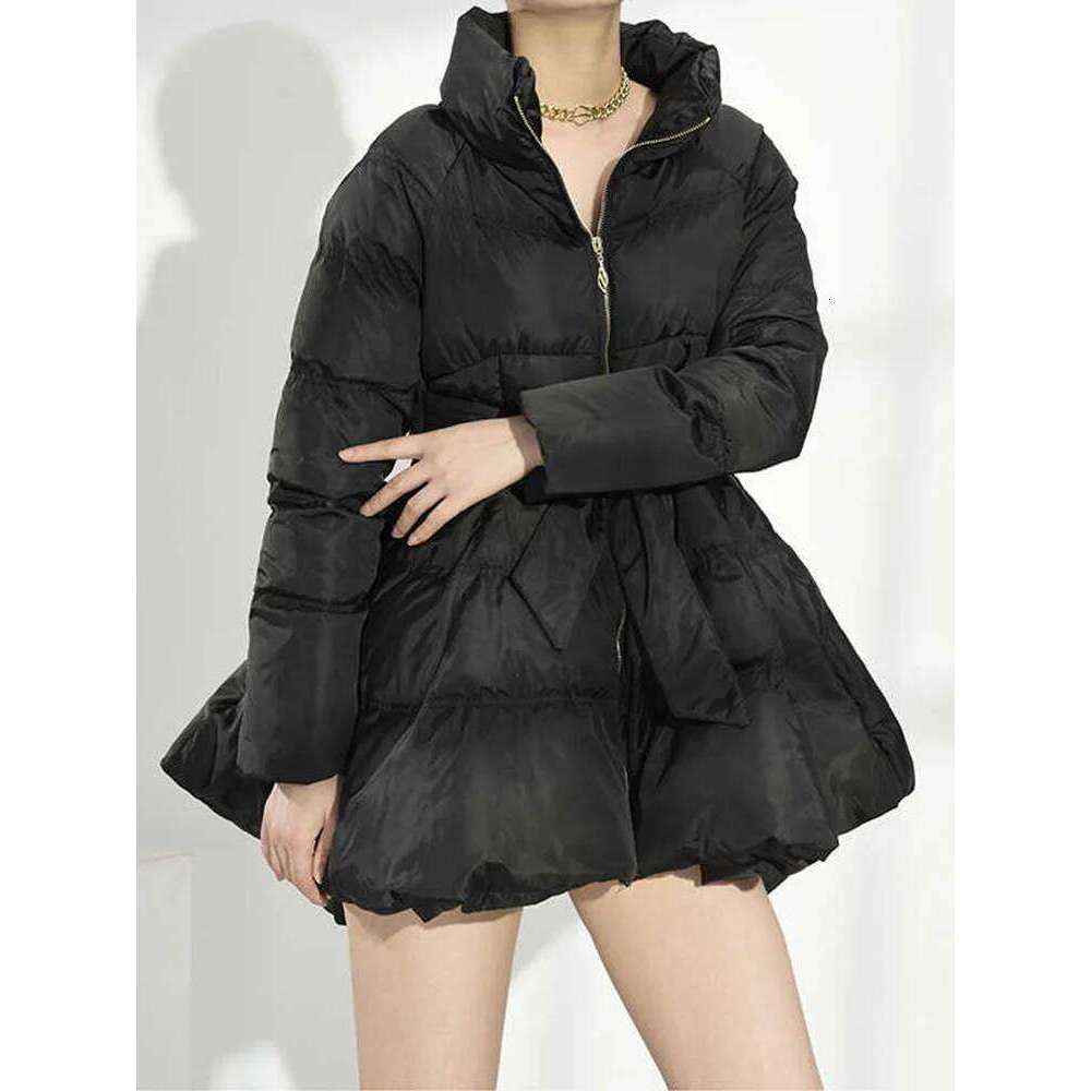 Black Bandage Bow Cotton-Padded Coat Long Sleeve Loose Fit Women Parkas Fashion Tide New Autumn Winter 2025 1Dh5282