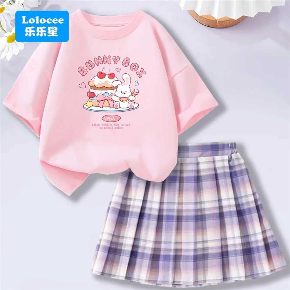 Kids Fashion Summer School Outfit Bunny Cake TShirt top Plaid Skirt 2 piece Set Cute Girls Clothes L2509263LAU