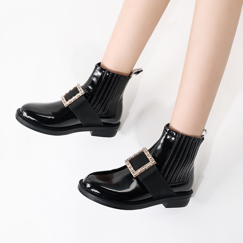 Ddmysports Patent Leather Rhinestone Square Buckle Flat Toe Marten Boots Women S Round Low Heel Adjustable Strap Short Rubber Sole Outdoor Shoes