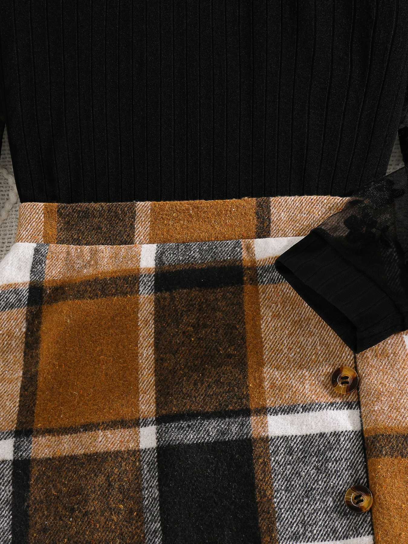 Childrens clothing girls autumn fashion set thin black round neck topcoffee small white plaid skirt L250926EKF8