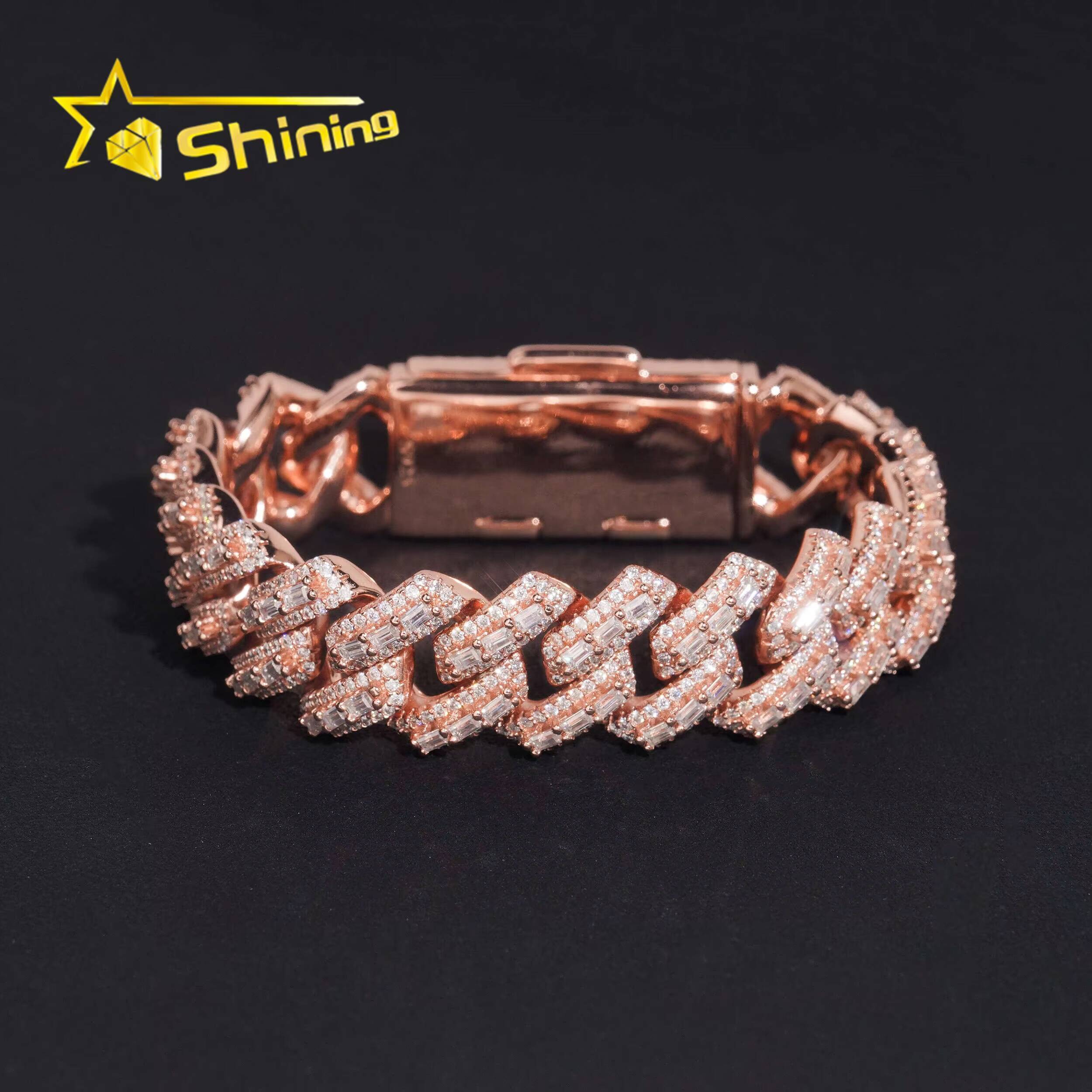 Hip Hop Fine Jewelry 16mm Width Baguette Diamond 925 Silver Rose Gold Men Moissanite Cuban Link Bracelet