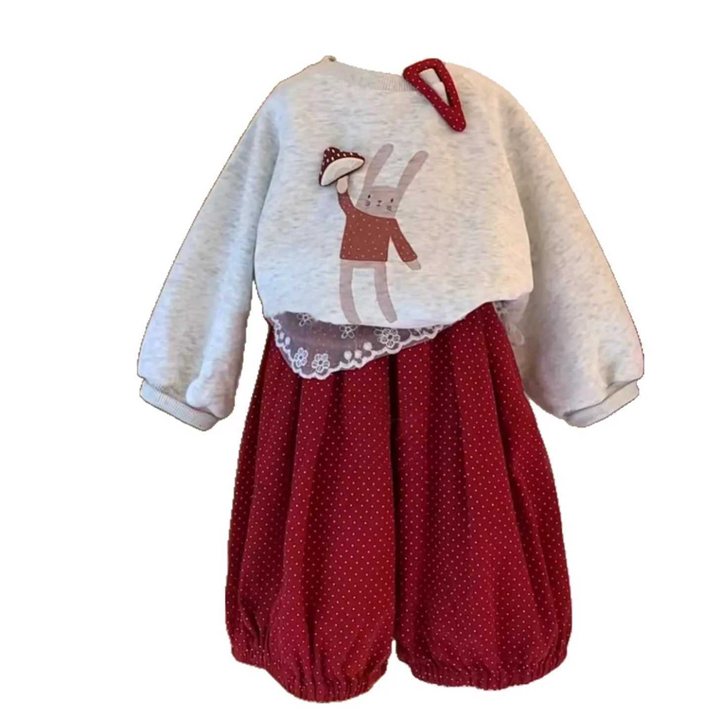 Girls 2 Piece Set Korean Long Sleeved Hoodie Autumn 2025 New Baby Casual Cartoon Printed Top Spotted Lantern Pants Set L250926HEFU