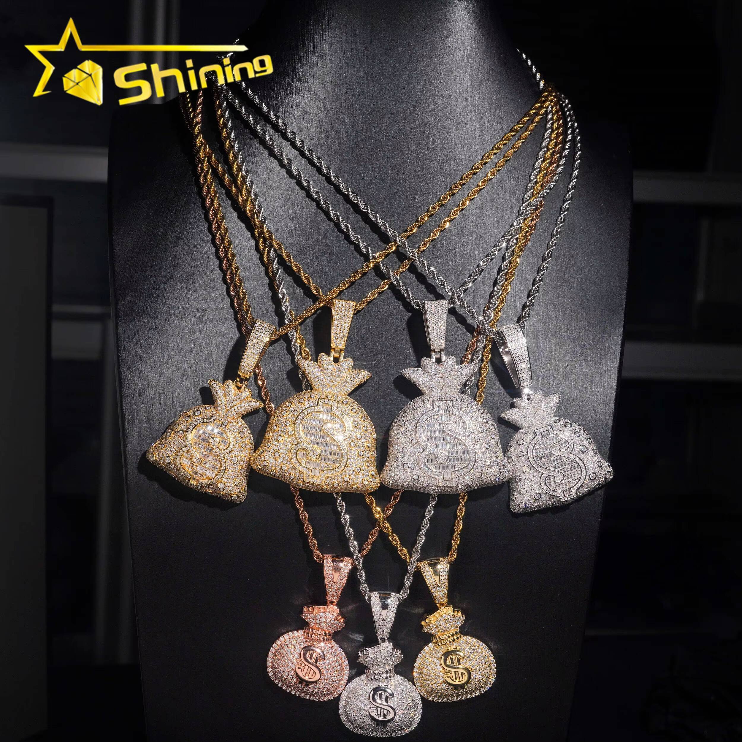 Pass Diamond Tester 925 Sterling Silver Wholesale Price Money Bag Iced Out Moissante Hip Hop Pendant