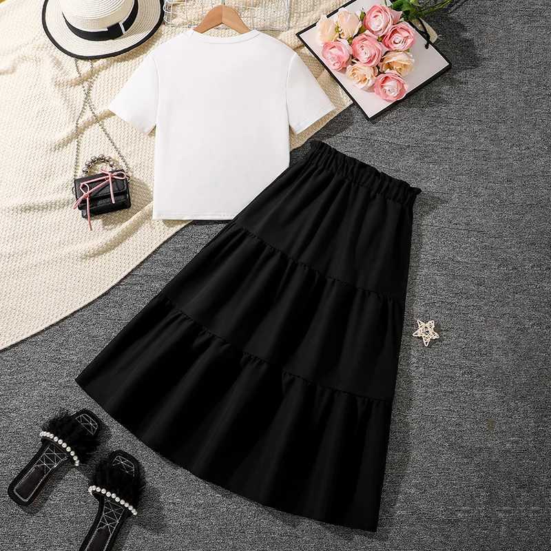 Girls Outfit White Bowknot Trim Tshirt Solid Black Frill Decor Aline Skirt Girls Suits OOTD Trendy Sets L2509260CWR