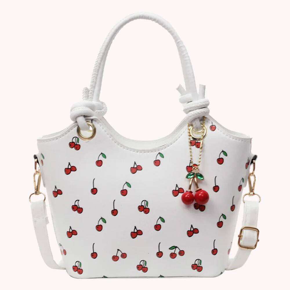 PU Leather Bucket Fashion Shoulder for Women Ladies Cherry Printed Crossbody Trendy Top-handle Bag with Adjustable Strap