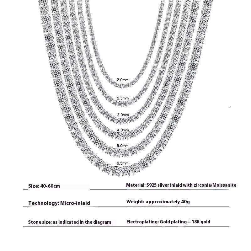 Luxury Hip Hop Fine Jewelry 925 Sterling Silver 2mm 3mm 4mm 5mm 65mm VVS Moissanite Diamond Tennis Chain Necklace for Men Women