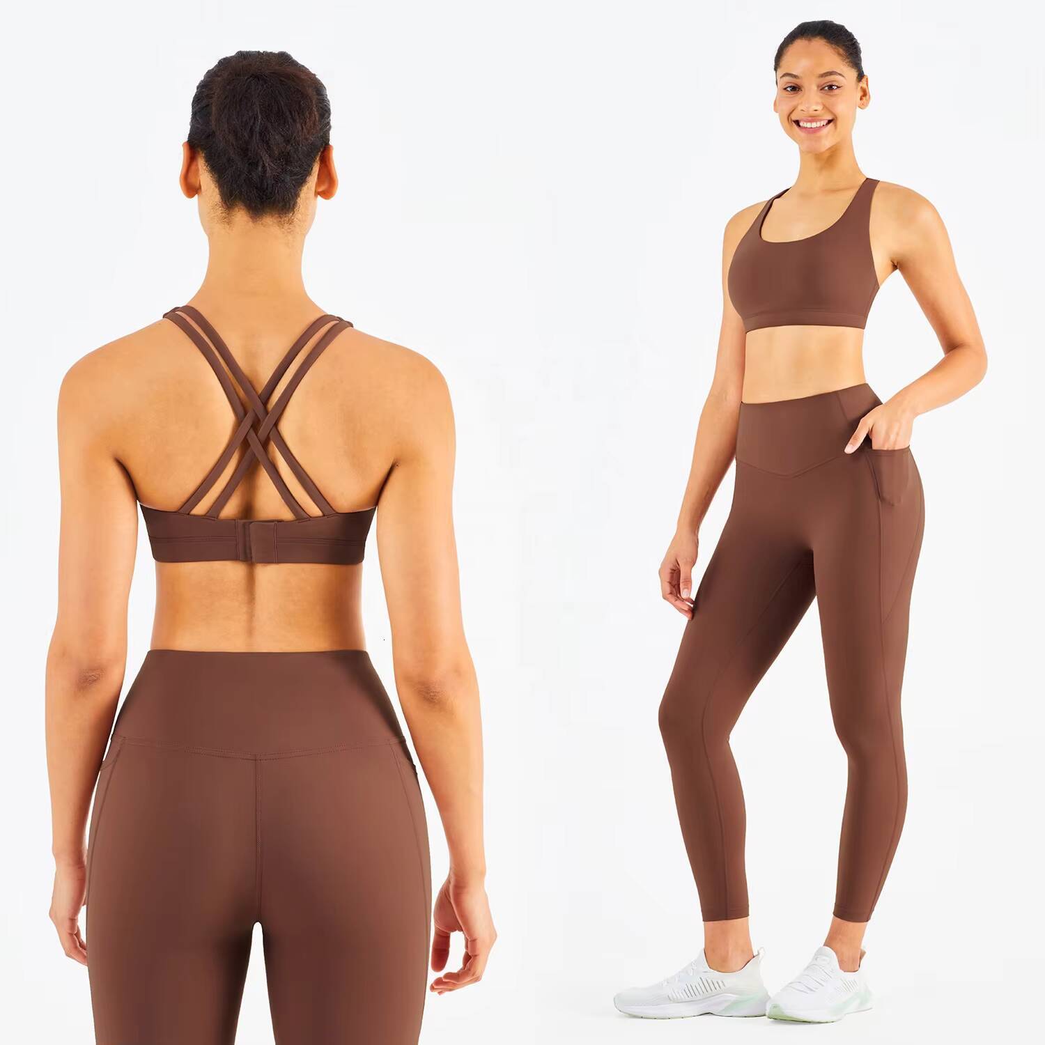 Two Piece Yoga Set Custom Sports Gym Set Women Seamless Buckle Sports Bra and Pocket Leggings