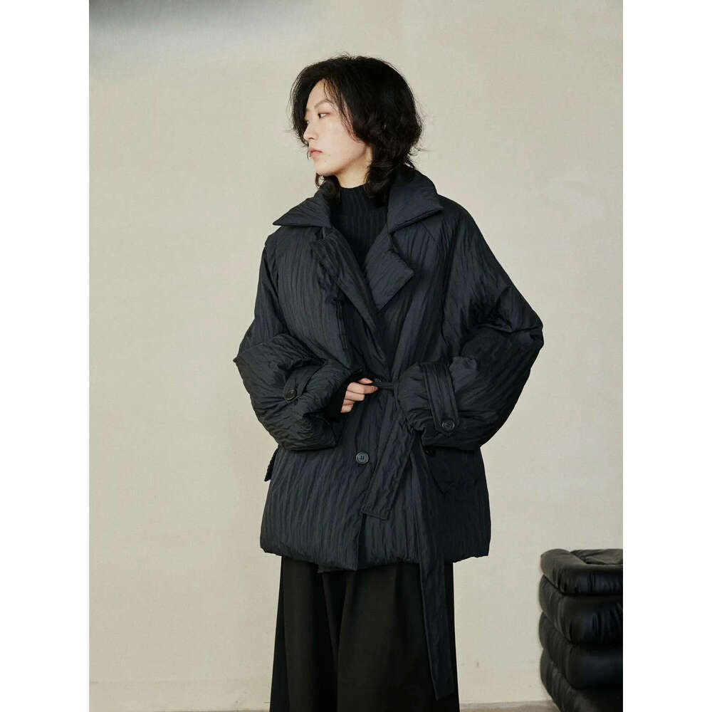 90 White Duck Niche Design Feels Pleated With Fabric Waist Tied Short Down Jacket Thickened Warm Coat