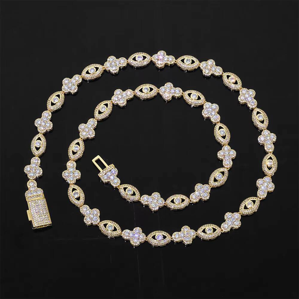 NUOYA 10mm 925 Silver VVS Moissanite Eye Cross Necklace Gold Plated Cuban Chain Mens Hip Hop Jewelry Gift