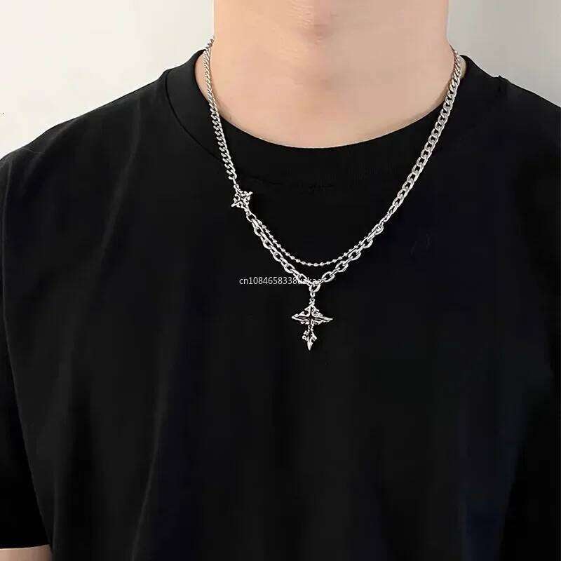 Y2K Grunge Hip Hop Halloween Jewelry Accessories Punk Metal Back Cross Pendant Sier Color Chain Necklace for Women Men 1pcs