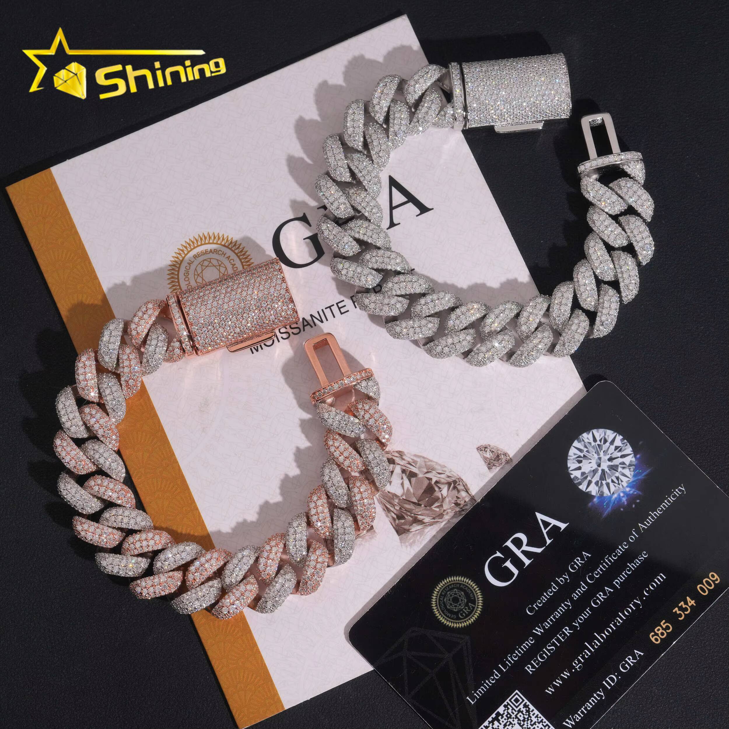 Hip Hop Jewelry 925 Silver Bracelet for Men Iced Out Two Tone 16mm VVS Moissanite Cuban Bracelet GRA Certificated