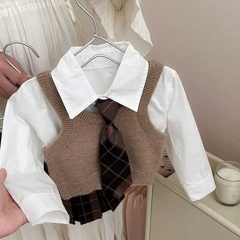 Childrens Clothing Set 2025 Autumn New Item Childrens Shirt Knitted Vest Short Skirt Three Piece Set Toddler Girl Clothes L250926T31K
