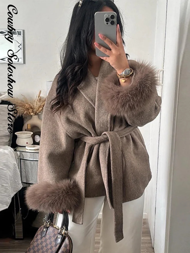 Elegant Lace Up Woolen Short Coat Solid Loose Lapel Furry Belt Long Sleeve Female Jacket Autumn Winter Lady Chic Cardigan 250922