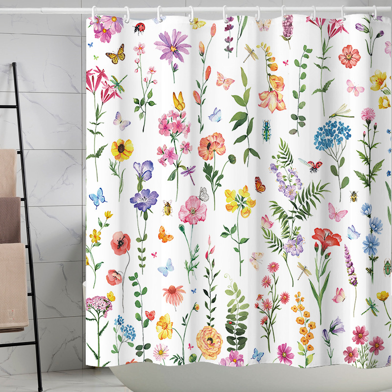 YL-37276 Tropical green leaf print shower curtain bathroom curtain waterproof and mildew proof partition curtain punch-free hanging curtain